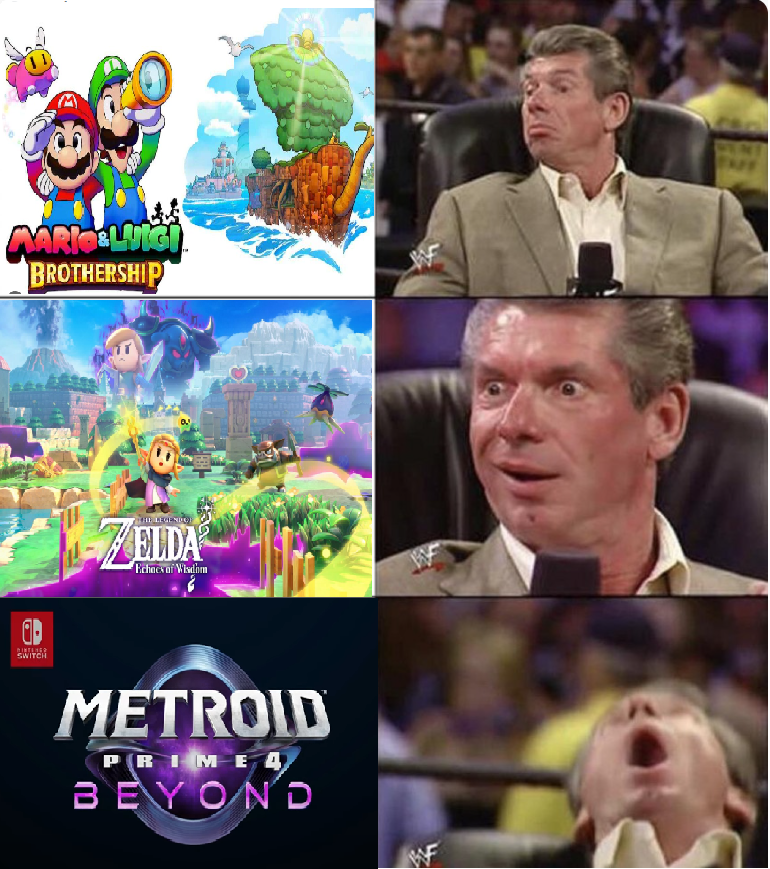 clairefable's tweet photo. Me: Metroid Prime 4 isn't real, it can't hurt you
Nintendo Direct, Tuesday 17th June 2024:

#nintendo #metroid #marioandluigi #thelegendofzelda https://t.co/93fC2gN2di