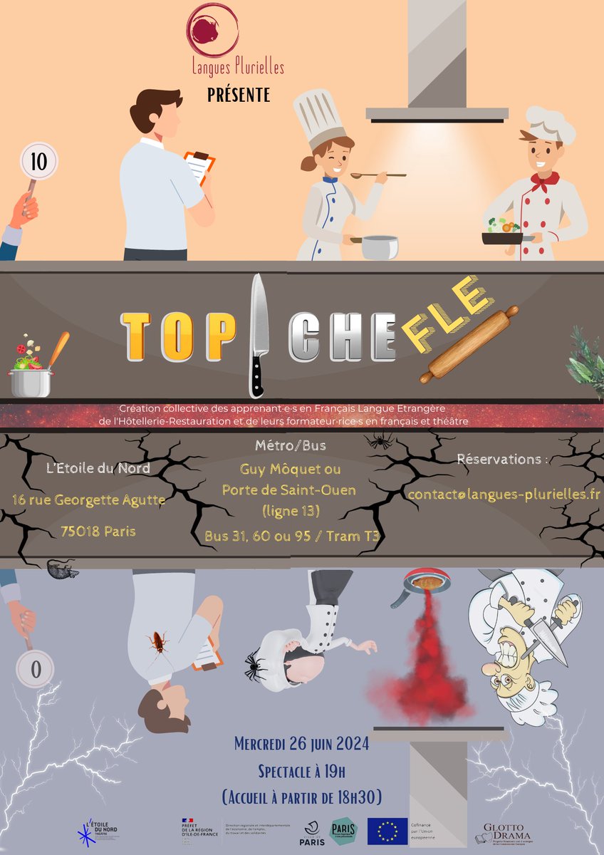 [Événement]

Il reste des places à la représentation théâtrale :
🎭 Top CheFLE
📅 Mercredi 26 juin 2024 à 19h
📍 Théâtre l’Etoile du Nord 

C'est le fruit de 2 ateliers d’apprentissage du français par le théâtre avec la méthode Glottodrama®.

eventbrite.fr/e/billets-repr…