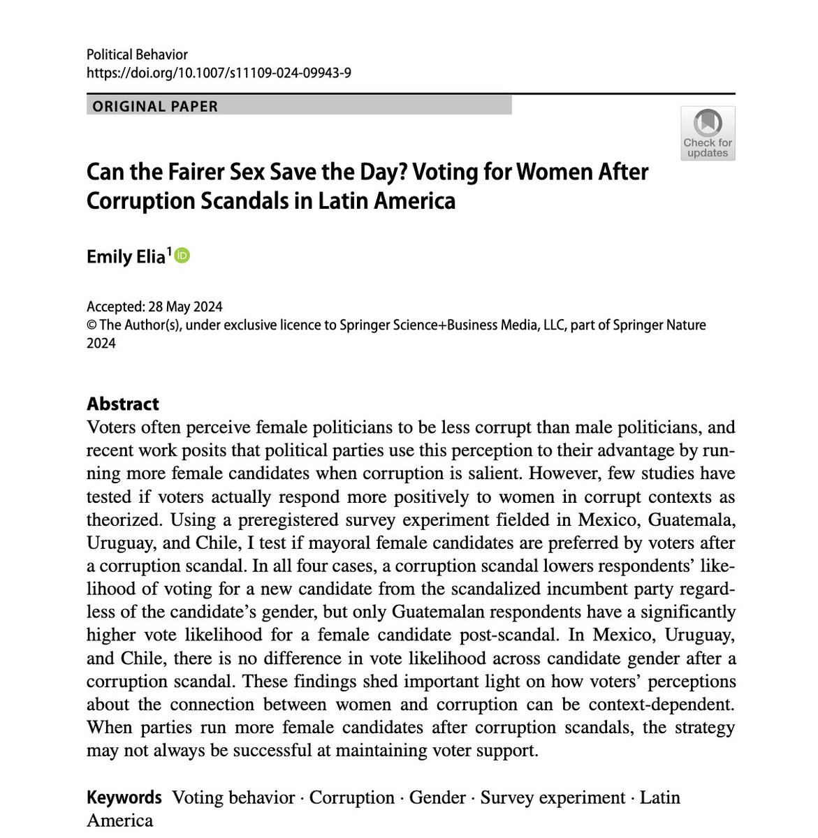 Emily Elia (@emily_elia) on Twitter photo So excited to see my first solo pub now out in <a href="/PolBehavior/">Political Behavior</a>! I test if the "feminization strategy" is effective at retaining party votes after a corruption scandal in 4 LatAm democracies. Spoiler: it's not—unless you're in Guatemala!
Check it out here: rdcu.be/dK6Kh So excited to see my first solo pub now out in <a href="/PolBehavior/">Political Behavior</a>! I test if the "feminization strategy" is effective at retaining party votes after a corruption scandal in 4 LatAm democracies. Spoiler: it's not—unless you're in Guatemala!
Check it out here: rdcu.be/dK6Kh
