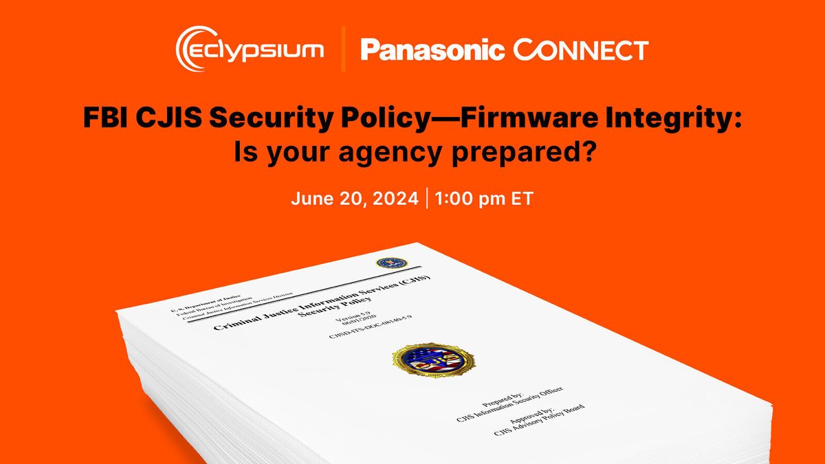 eclypsium's tweet image. The FBI #CJIS Security Policy requires all criminal justice info hardware, network appliances &amp;amp; infrastructure ensure #firmwaresecurity. Join our webinar w/@TOUGHBOOK &amp;amp; @FBINAAQuantico to learn why &amp;amp; see how Smart Compliance powered by Eclypsium can help!
bit.ly/3VsOuio