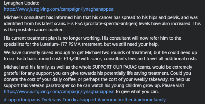 supportourparas's tweet photo. Lynaghan Update
https://t.co/3qMp1BcXgZ
Michael's current treatment plan is no longer working. His consultant will now refer him to the specialists for the Lutetium-177 PSMA treatment, but we still need your help. Please visit https://t.co/q88yUjDjG1 to give what you can. https://t.co/c0IhMIKHlJ