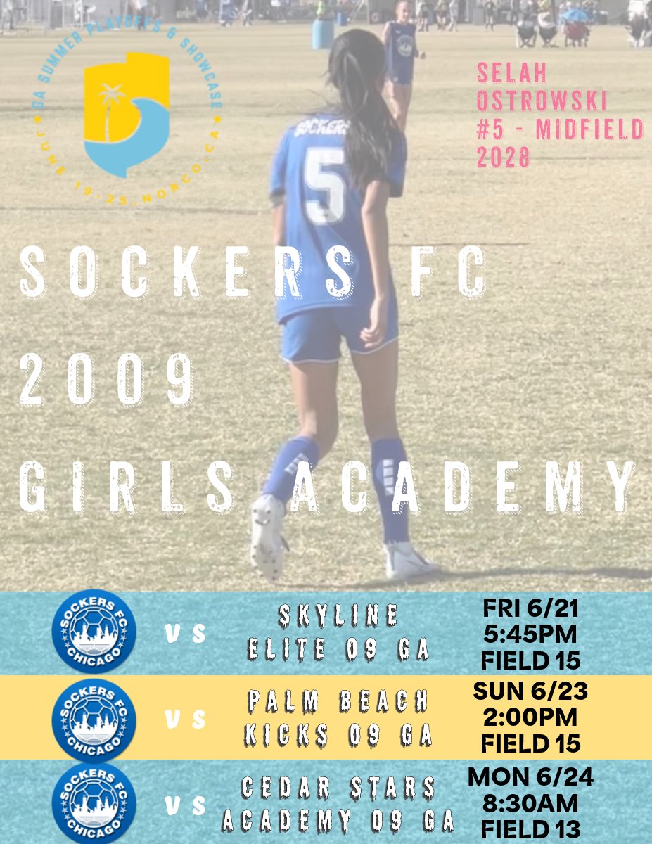 Selah Ostrowski (@selahostrowski) on Twitter photo Heading to Cali to play in the <a href="/GAcademyLeague/">Girls Academy</a> Summer Playoffs & Showcase. Come check out me and my <a href="/SFCGirlsAcademy/">Sockers FC Girls Academy</a> team!
<a href="/ImYouthSoccer/">ECNL/GA/Recruiting/College Soccer</a> <a href="/ImCollegeSoccer/">College Soccer Truth ™</a> <a href="/TheSoccerWire/">SoccerWire</a> <a href="/TopDrawerSoccer/">TopDrawerSoccer</a> Heading to Cali to play in the <a href="/GAcademyLeague/">Girls Academy</a> Summer Playoffs & Showcase. Come check out me and my <a href="/SFCGirlsAcademy/">Sockers FC Girls Academy</a> team!
<a href="/ImYouthSoccer/">ECNL/GA/Recruiting/College Soccer</a> <a href="/ImCollegeSoccer/">College Soccer Truth ™</a> <a href="/TheSoccerWire/">SoccerWire</a> <a href="/TopDrawerSoccer/">TopDrawerSoccer</a>