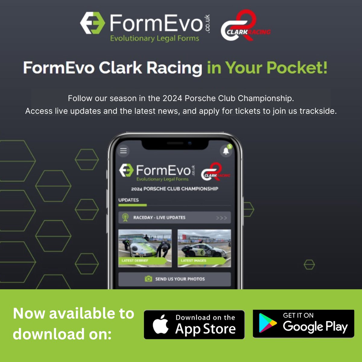 In addition to topping the <a href="/Porsche/">Porsche</a> Club Racing Championship after Round 2, <a href="/FormEvo/">FormEvo</a>  Clark Racing is also leading the way thanks to our fantastic new Race App! To apply for tickets, please download the app register your details.  Roll on #OultonPark #FormEvo #SDLT #Legalforms
