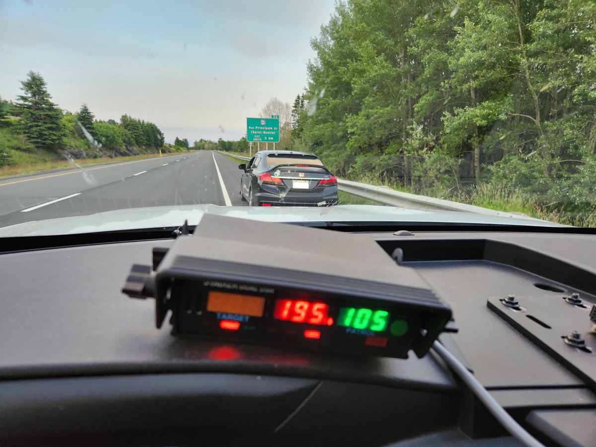 RCMPNB's tweet photo. #SpeedingKills. Yesterday, this car was stopped by the #RCMPNB on Hwy 2 near #SaintBasile for traveling 195km/hr in a 110km/hr zone. The driver was issued a $1,204.50 fine and their car was impounded for 30 days at the owner’s expense. https://t.co/EKD0dKtiE0