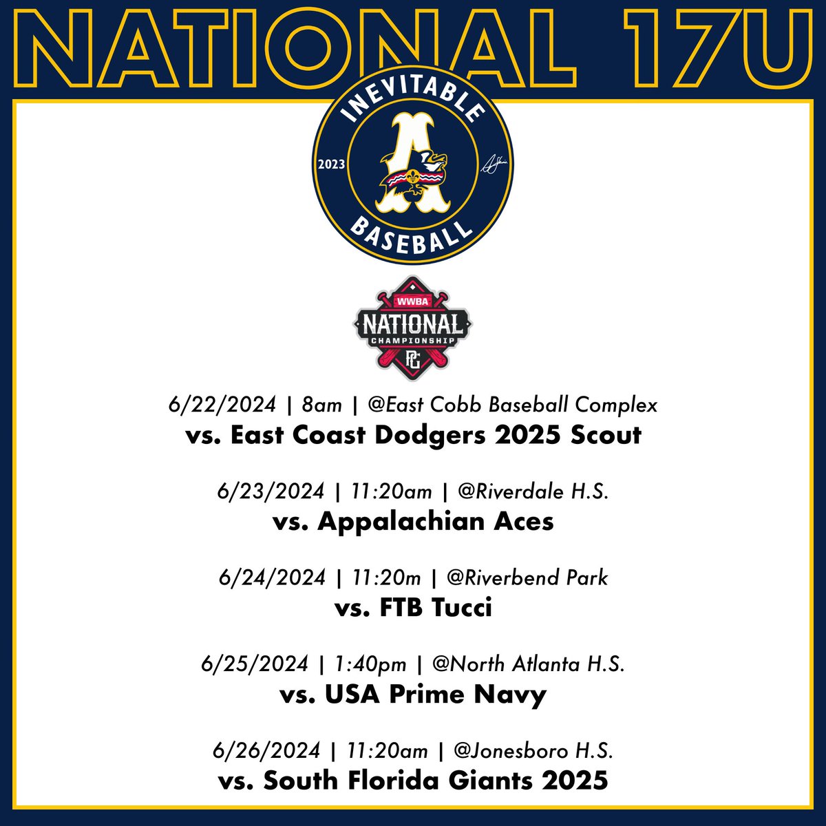 17u national’s schedule for PG WWBA National Championship.