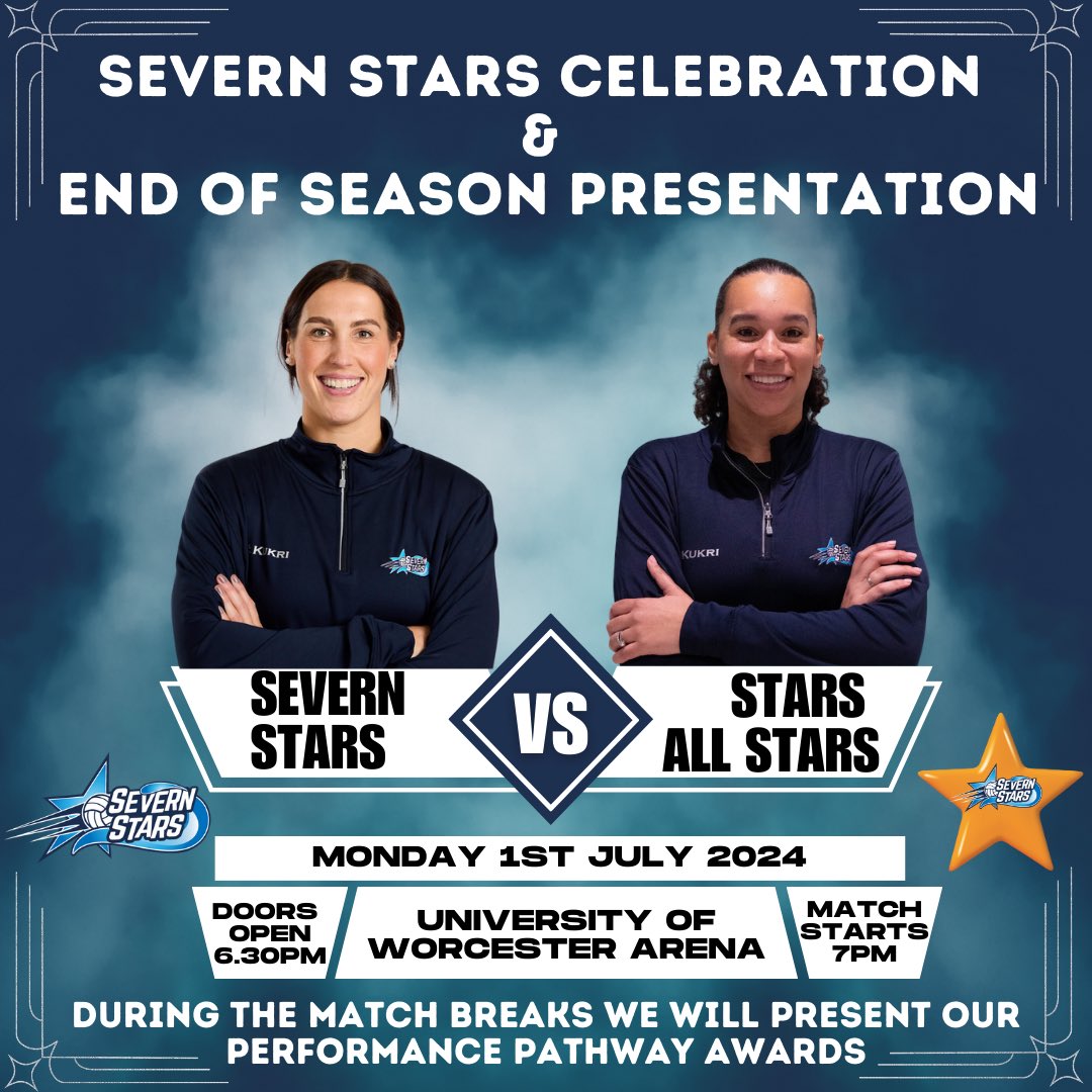 CELEBRATING SEVERN STARS🌟

We’re excited to announce our NSL squad will take to the court for the final time at <a href="/universityarena/">University Arena</a> on Monday 1st July in a match against some returning ALL STARS🤩🙌

🎟️£10 for tickets (£5 for 2024 season ticket holders) 👉 bit.ly/2INrTGM