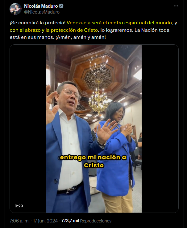 Tiempos interesantes. Un joven de derecha dice que México está maldito y que el Gabacho es la "auténtica tierra bendita de Dios". 😇Un señor de izquierda, por su parte, consagra su país, Venezuela, a Nuestro Señor Jesucristo.😇