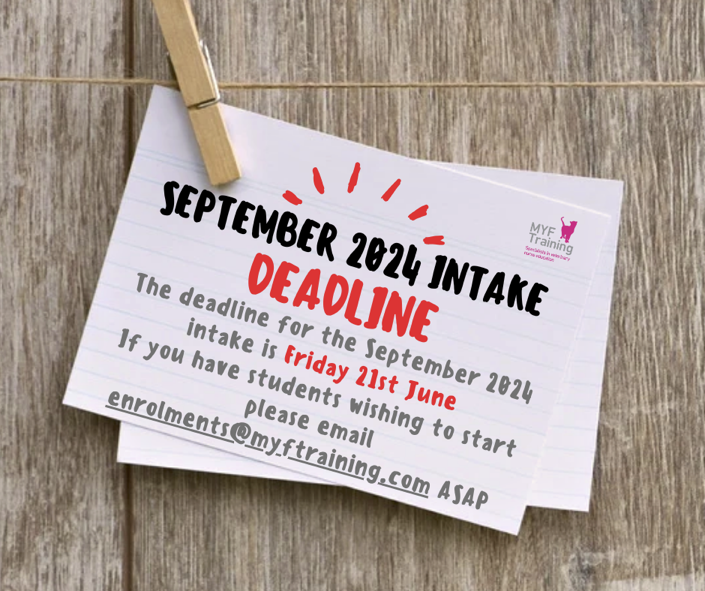 MYF Training (@myftraining) on Twitter photo The deadline for the September 2024 intake is
‼️THIS Friday (21st June)‼️
If you have students wishing to start please email enrolments@myftraining.com ASAP The deadline for the September 2024 intake is
‼️THIS Friday (21st June)‼️
If you have students wishing to start please email enrolments@myftraining.com ASAP