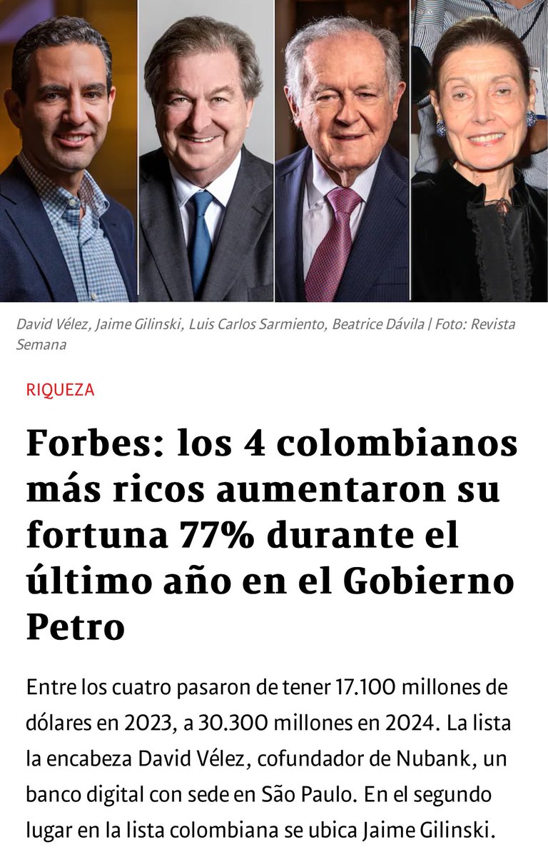 Uribe dice que Petro está quebrado la economía de los ricos y Forbes dice que los más ricos del país aumentaron su fortuna este 2024 un 77% con respecto a lo que tenían en 2023.

¿A quién le creemos?