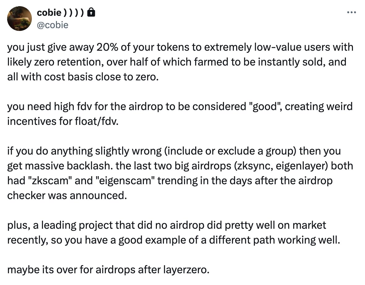 It's over. The main character, whom all CT founders and venture capitalists listen to, has subtly cancelled airdrop culture.

Where did we go wrong? It was so beautiful in the beginning. Somehow, humanity always finds a way to destroy what was once beautiful.