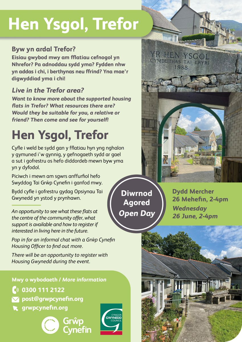 🏠Hen Ysgol, Trefor, Gwynedd🏠
Eisiau gwybod mwy am fflatiau cefnogol yn Nhrefor, Gwynedd?  Yna mae’r digwyddiad yma i chi!
Diwrnod Agored, Dydd Mercher 26 Mehefin, 2-4pm
#mwynathai