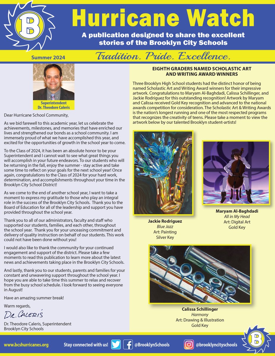 BrooklynSchools's tweet image. 😎The summer 2024 edition of the Hurricane Watch newsletter is now available! Visit bcshurricanes.org/about-the-dist… for highlights of student achievement and important updates from the Brooklyn City Schools. ✨