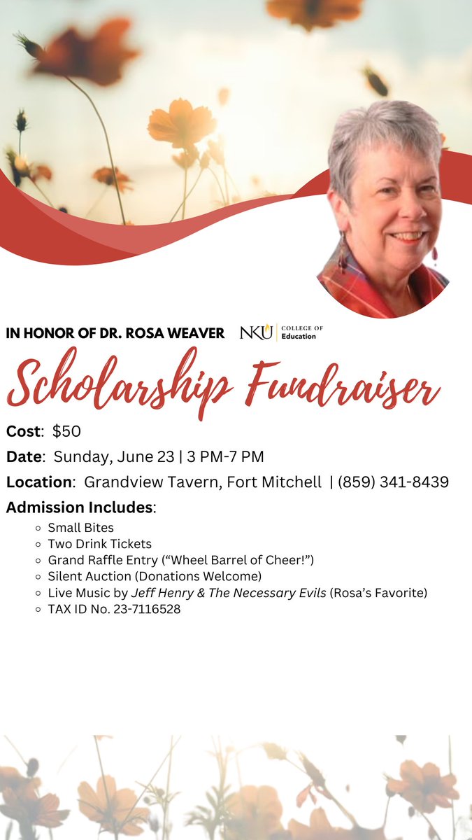 NKU College of Education (@nkucoe) on Twitter photo ๐
Tomorrow (6/23)! Join us at <a href="/grandviewtavern/">Grandview Tavern</a> in Fort Mitchell for a scholarship fundraiser in honor of Dr. Rosa Weaver. Your admission includes entry to the grand raffle and silent auction, all while raising money to support the next generation of educators. See you there! ๐
Tomorrow (6/23)! Join us at <a href="/grandviewtavern/">Grandview Tavern</a> in Fort Mitchell for a scholarship fundraiser in honor of Dr. Rosa Weaver. Your admission includes entry to the grand raffle and silent auction, all while raising money to support the next generation of educators. See you there!