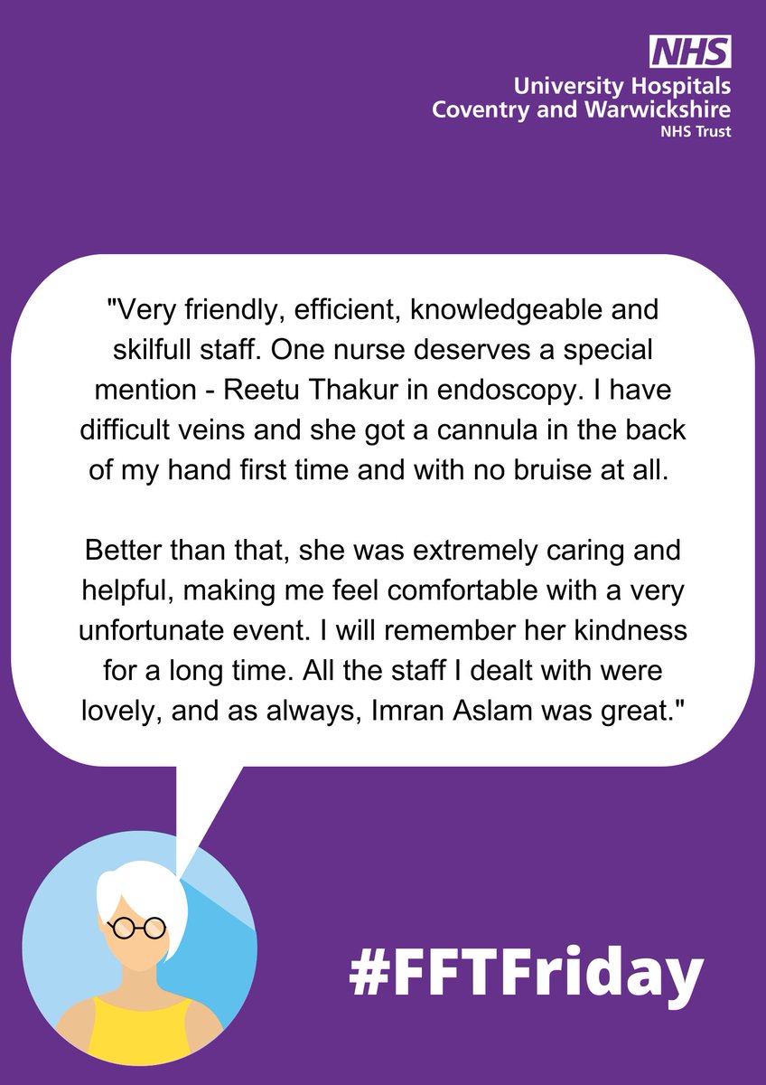 @UHCW_PatientExperience (@uhcwpatientexp) on Twitter photo Our final #FFTFriday visit this week is to the Endoscopy Unit <a href="/nhsuhcw/">UHCW NHS Trust</a>.
This patient wishes to say a #Thankyou to Reetu and Imran for their caring, kind, and efficient service.
#WhatMattersToYouMattersToUs #FFTFriday Our final #FFTFriday visit this week is to the Endoscopy Unit <a href="/nhsuhcw/">UHCW NHS Trust</a>.
This patient wishes to say a #Thankyou to Reetu and Imran for their caring, kind, and efficient service.
#WhatMattersToYouMattersToUs #FFTFriday