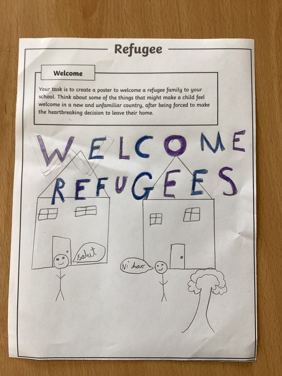 sbps_deer's tweet photo. In #sbpsPSHE today, we explored Refugee Week. We linked our new learning from today to one of our previous guided reading books, ‘The Boy at the Back of the Class’. We then created these posters which could be used to support a refugee family in the local community. https://t.co/tmOIJwO57H