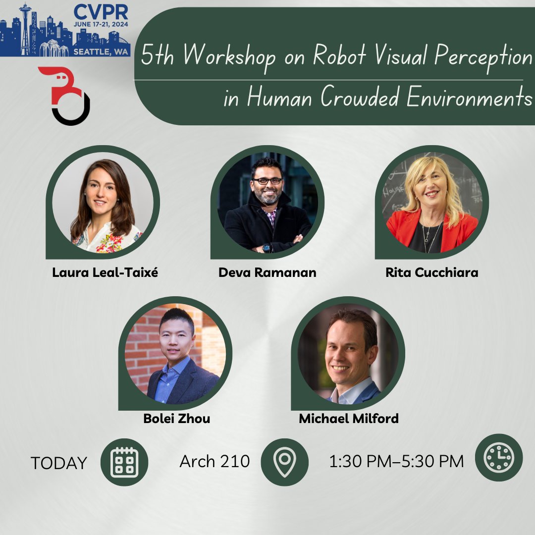JRDB_Benchmark's tweet image. 🚀 Reminder! The 5th Workshop on Robot Visual Perception in Human Crowded Environments is happening TODAY afternoon at #CVPR2024! Join us for insightful talks from leading experts starting at 1:30 PM PST, Arch 210. Don’t miss out! #AI #Robotics @CVPR