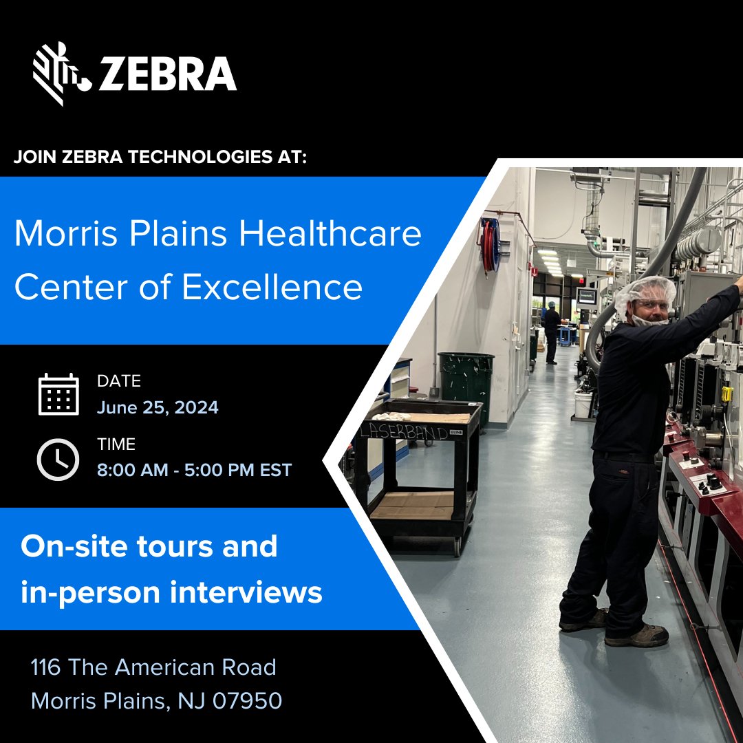 REric638's tweet photo. Join Zebra for an on-site hiring event at our Morris Plains healthcare center of excellence on June 25th from 8am-5pm. Receive a live tour of the facility, have an in-person interview, and become a member of our growing herd! #ZebraEmployee https://t.co/cSbwAo6NrE