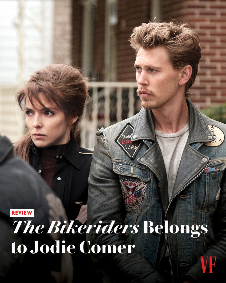 VanityFair's tweet photo. Jodie Comer shines in ‘The Bikeriders,’ a burst of vivid life standing out amongst the film’s considered haze of smoke and leather. 

Read @rilaws’s full review: https://t.co/l01tnWLGbd https://t.co/Ql1zhEqIIZ