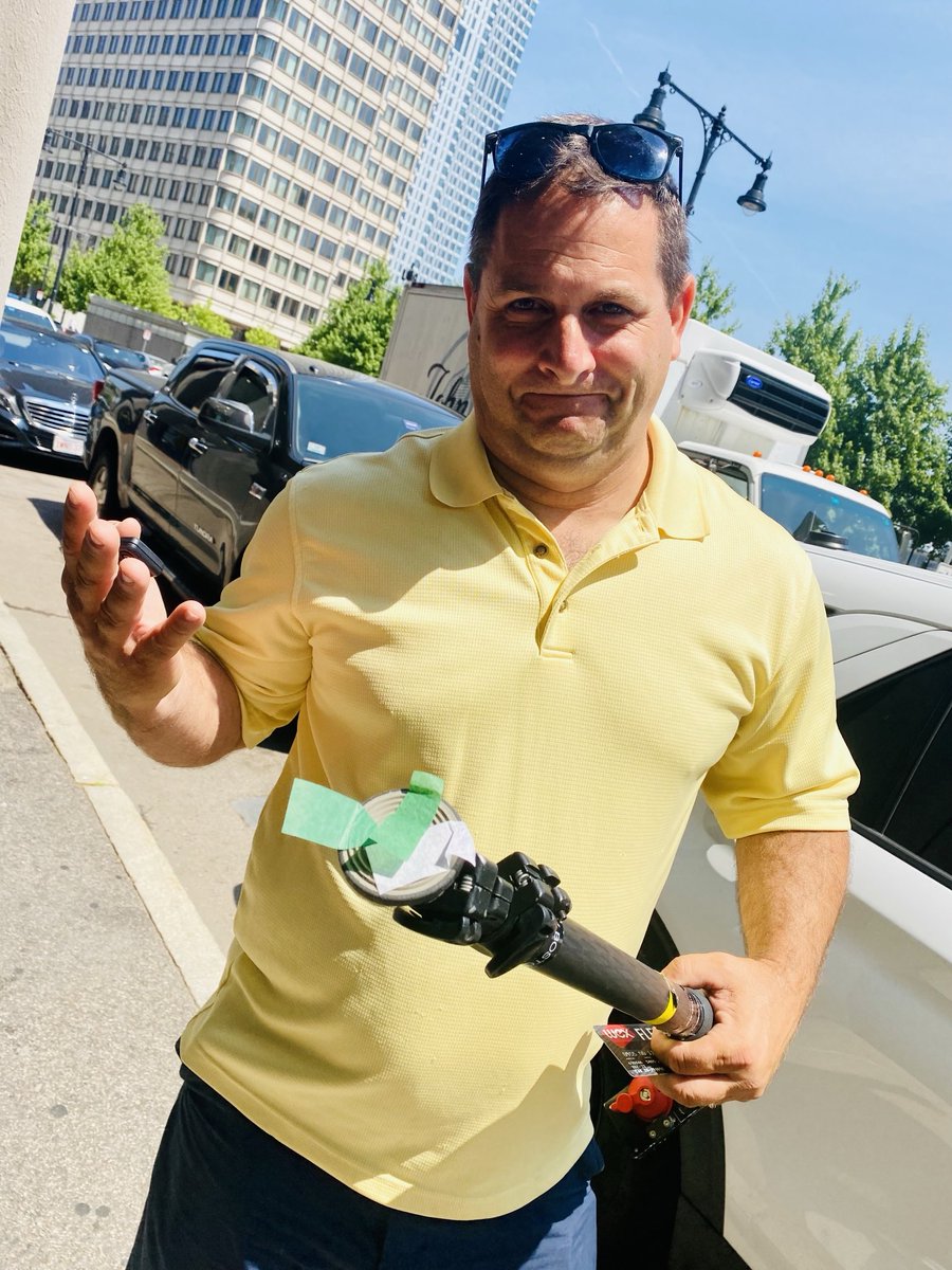 ChristinaHagerD's tweet photo. Poor ⁦@WBZPhotog⁩ has confetti stuck to the bottom of his monopod from last night. #Bostonproblems #Celtics #wbz https://t.co/GjUzFR4Vke