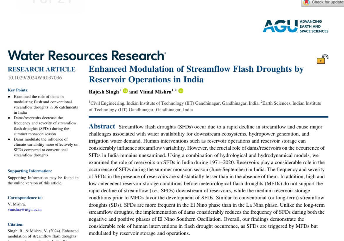 How do reservoir operations affect streamflow flash droughts in India? Please take a look at our recent paper on: Enhanced Modulation of Streamflow Flash Droughts by Reservoir Operations in India in Water Resources Research (WRR) <a href="/theAGU/">AGU (American Geophysical Union)</a>! agupubs.onlinelibrary.wiley.com/doi/10.1029/20… #drought
