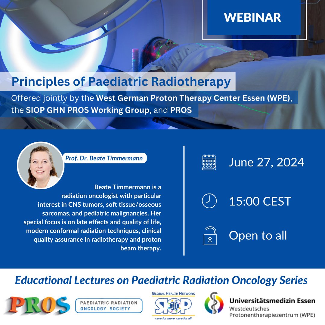SIOP International (@worldsiop) on Twitter photo Join us for "Principles of Paediatric Radiotherapy", first in the Educational Lectures on Paediatric Radiation Oncology Series, hosted by the West German Proton Therapy Center Essen (WPE), <a href="/SIOP_GHN/">SIOP Global Health</a>
PROS WG & <a href="/intpros1/">Paediatric Radiation Oncology Society (PROS)</a>
📆 June 27, 2024
🕚 15:00 CEST
✍️ loom.ly/DvzK1SM Join us for "Principles of Paediatric Radiotherapy", first in the Educational Lectures on Paediatric Radiation Oncology Series, hosted by the West German Proton Therapy Center Essen (WPE), <a href="/SIOP_GHN/">SIOP Global Health</a>
PROS WG & <a href="/intpros1/">Paediatric Radiation Oncology Society (PROS)</a>
📆 June 27, 2024
🕚 15:00 CEST
✍️ loom.ly/DvzK1SM