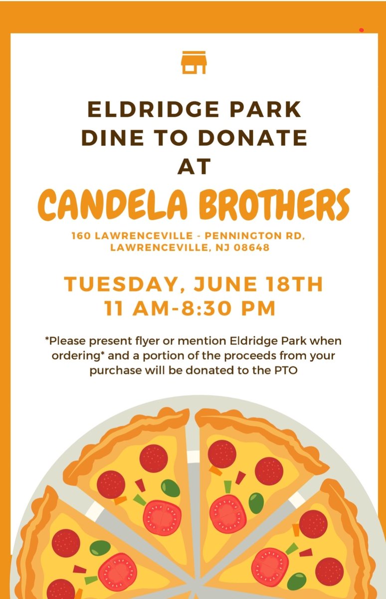 ELDRIDGE PARK SCHOOL PTO (@epsptonj) on Twitter photo Our final #DineToDonate of the year is today at <a href="/CandelaBrothers/">Candela Brothers</a>
Remember, a portion of your purchases will go to the #EPSPTO to help to continue to provide fun experiences to our kids, like those awesome field trips this year! Our final #DineToDonate of the year is today at <a href="/CandelaBrothers/">Candela Brothers</a>
Remember, a portion of your purchases will go to the #EPSPTO to help to continue to provide fun experiences to our kids, like those awesome field trips this year!