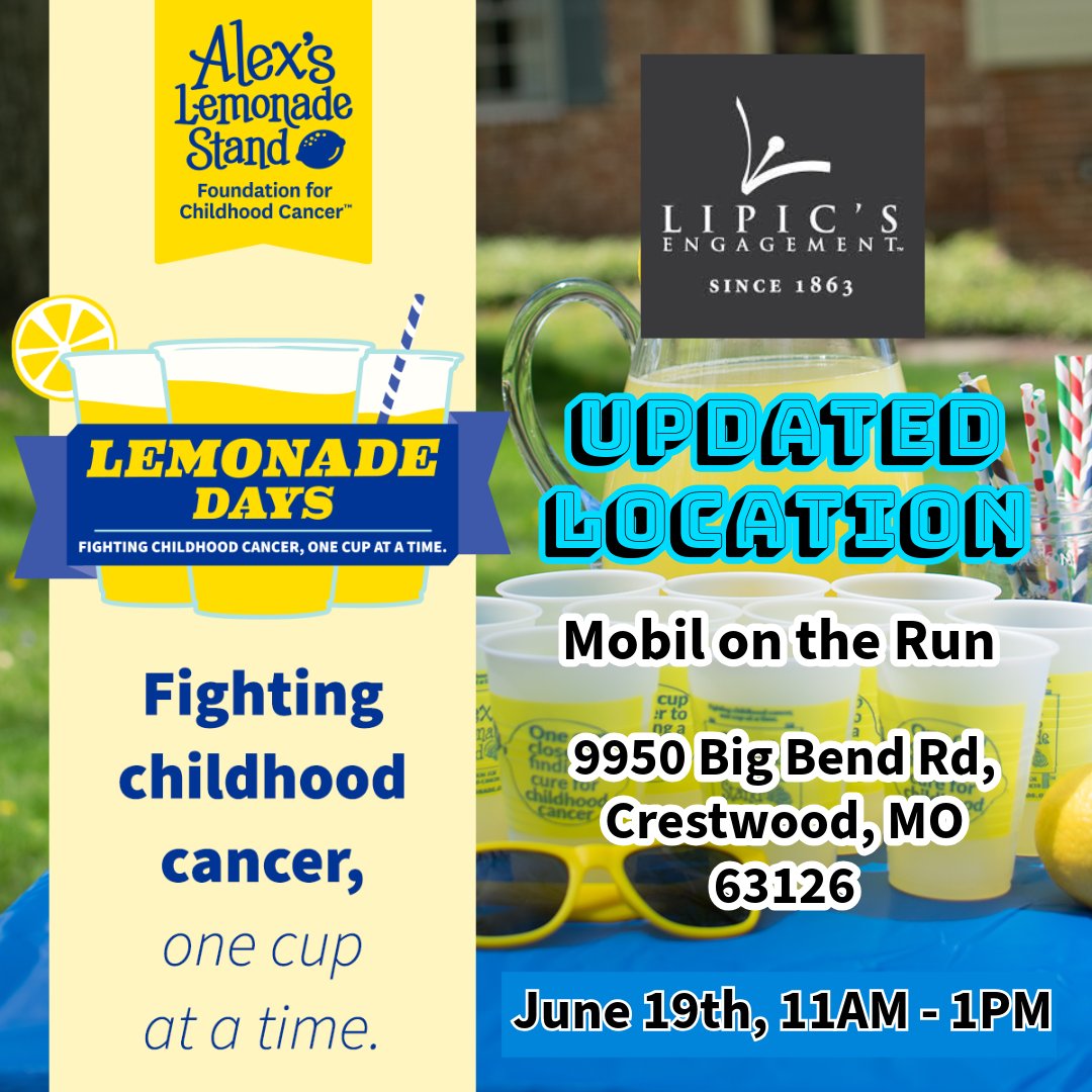 LipicEngagement's tweet photo. Tomorrow’s the Day! Join us at the UPDATED location of Mobil on the Run next to the Lipic’s Engagement building. Help support @AlexsLemonade  tomorrow from 11AM – 1PM.  Attended our event, Venmo, or donate directly to our Alex’s Lemonade website here:  https://t.co/MR7VYoKSRu https://t.co/DHVJpf98yn