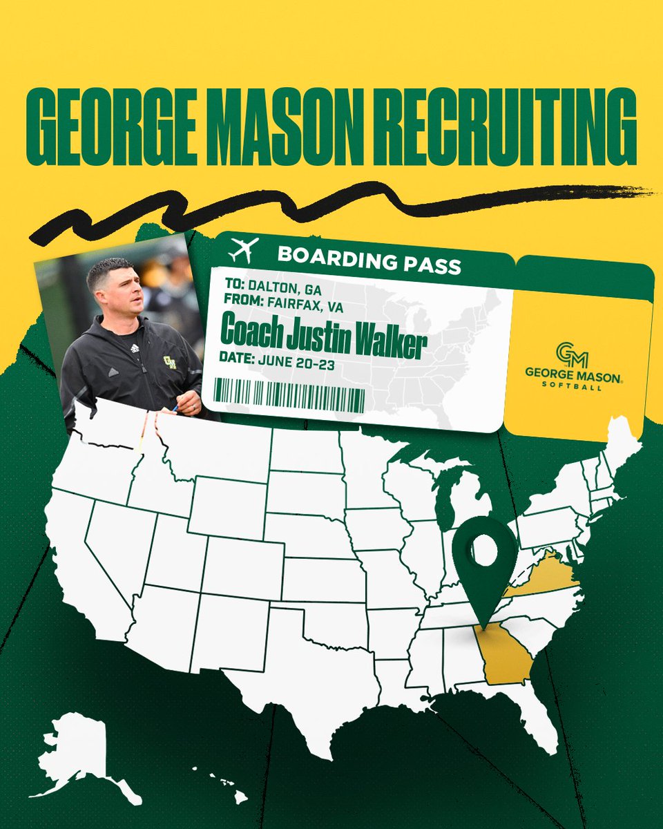 George Mason Softball (@masonsoftball) on Twitter photo 🚨𝙂𝙀𝙊𝙍𝙂𝙀 𝙈𝘼𝙎𝙊𝙉 𝙍𝙀𝘾𝙍𝙐𝙄𝙏𝙄𝙉𝙂 𝙏𝙍𝙄𝙋𝙎🚨
🗓️June 20-23
🍑Coach <a href="/jmrw20/">Justin Walker</a> will be in Dalton, Ga.
🌴Coach <a href="/cam_hutcherson/">campbell hutcherson</a> will be in Spartanburg, S.C.
🏡Coach <a href="/CoachWThees/">Windy Thees</a> will be home in Fairfax!
🫳 Drop those schedules, future Patriots!
#MasonNation🥎🔰 🚨𝙂𝙀𝙊𝙍𝙂𝙀 𝙈𝘼𝙎𝙊𝙉 𝙍𝙀𝘾𝙍𝙐𝙄𝙏𝙄𝙉𝙂 𝙏𝙍𝙄𝙋𝙎🚨
🗓️June 20-23
🍑Coach <a href="/jmrw20/">Justin Walker</a> will be in Dalton, Ga.
🌴Coach <a href="/cam_hutcherson/">campbell hutcherson</a> will be in Spartanburg, S.C.
🏡Coach <a href="/CoachWThees/">Windy Thees</a> will be home in Fairfax!
🫳 Drop those schedules, future Patriots!
#MasonNation🥎🔰