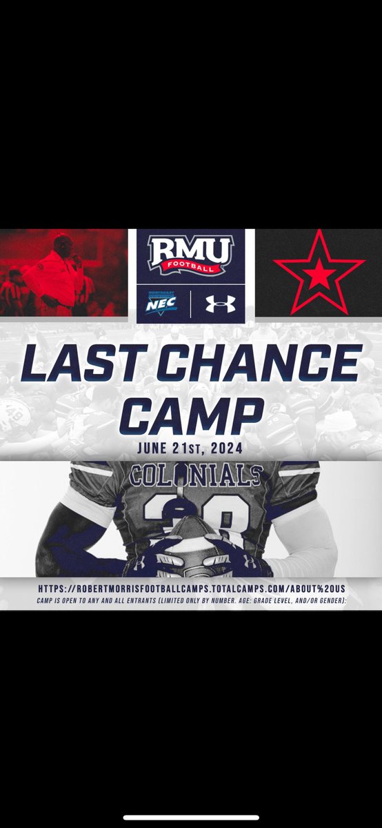 I will be attending <a href="/RMU_Football/">RMU Football</a> last chance this Friday!! I can’t wait to show out and have competition!! <a href="/Coach_Linn/">Ryan Linn</a> <a href="/PA_TodaySports/">PA Today</a> <a href="/wpialsportsnews/">WPIAL Sportsmen</a> <a href="/WPIAL_Insider/">WPIAL Insider</a> <a href="/Cover3_ATH/">Cover Three Athletics</a> <a href="/PAELITE7v7/">PA Elite 7v7</a> <a href="/Moon_Football/">Moon Tigers Football</a>
