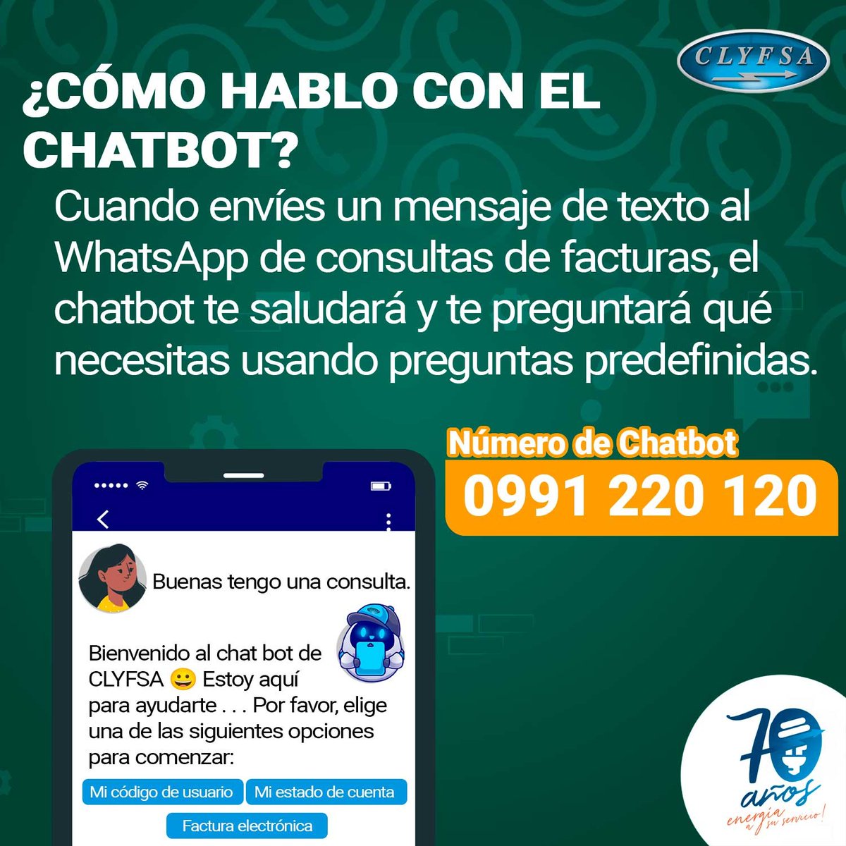 CLYFSAoficial's tweet photo. CLYFSA ha habilitado el número de WhatsApp 0991 220 120 para consultas de facturas. 📲 Ahora los usuarios pueden 𝗘𝗡𝗩𝗜𝗔𝗥 𝗠𝗘𝗡𝗦𝗔𝗝𝗘𝗦 y obtener la información sobre estado de cuenta y factura electrónica.

🔗 Enlace: https://t.co/Ir1UgJs0Hp
#ChatBot #WhatsApp #facturas https://t.co/yvWfPgf77Y