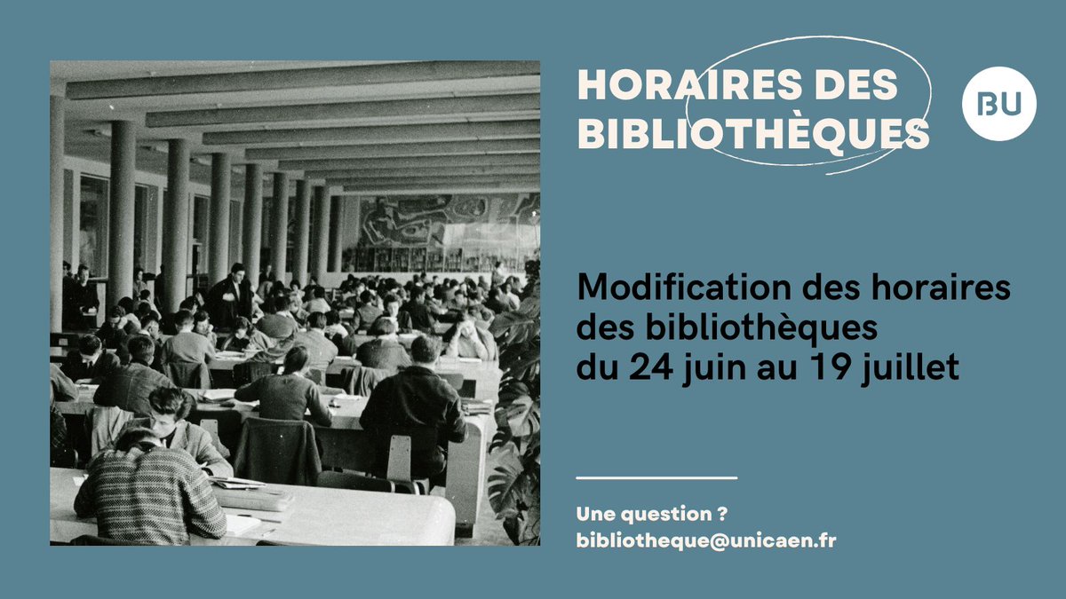 Dès le 24 juin et jusqu'au 19 juillet, les #BU passent en #Horaires réduits
les #Bibliothèques Pierre-Sineux (campus 1), Madeleine-Brès (PFRS), Rosalind-Franklin (campus 2) et Gaston-Mialaret (INSPE) vous accueilleront jusqu'à 17h
bit.ly/3Bz3XV6