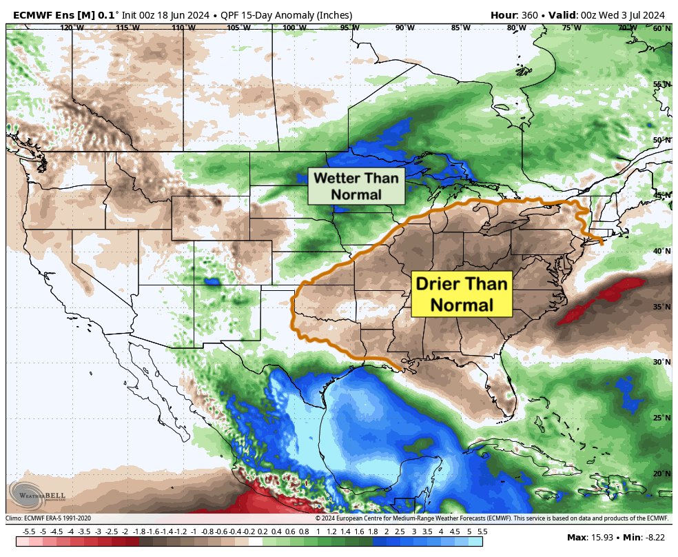 empirewx's tweet photo. The next 15 days of precipitation departures from normal across the country - just the tip of the iceberg as we enter the summer. Breaking down what to expect moving forward in todays reports: https://t.co/RngzOctvjy #agwx #corn #soybeans https://t.co/7xUIOhcLRS