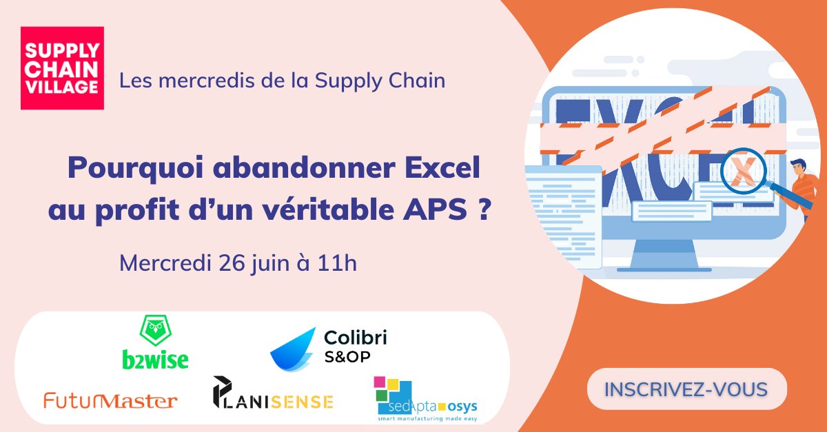 📅 Rejoignez-nous pour la Table Ronde du 26/06
Découvrez pourquoi remplacer Excel par un APS peut transformer votre gestion de stock. Avec les experts de <a href="/B2wiseFrance/">B2wise France</a> , <a href="/Colibri_aps/">@Colibri-aps</a>, <a href="/FuturMaster/">FuturMaster</a>, <a href="/PlaniSense/">PlaniSense</a> et <a href="/sedAptaosys/">sedApta-osys</a>

👉 tinyurl.com/2fu4nhc8