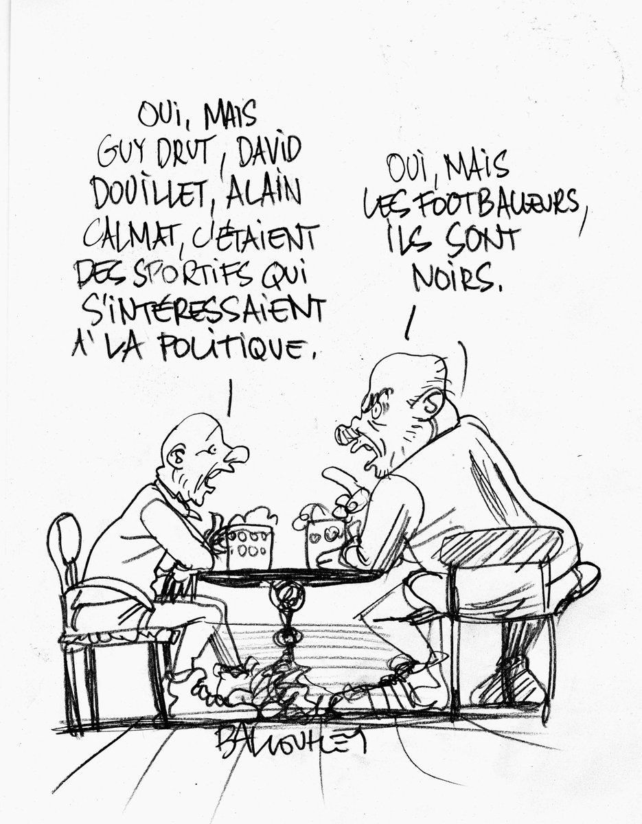 Ballouhey's tweet photo. Croquis vite fait en terrasse #football #euro #equipedefrance #legislativesanticipée #Thuram #Mbappè #sportifs #guydrut @Ballouhey @FranceCartoons https://t.co/yGEeFH3mTZ