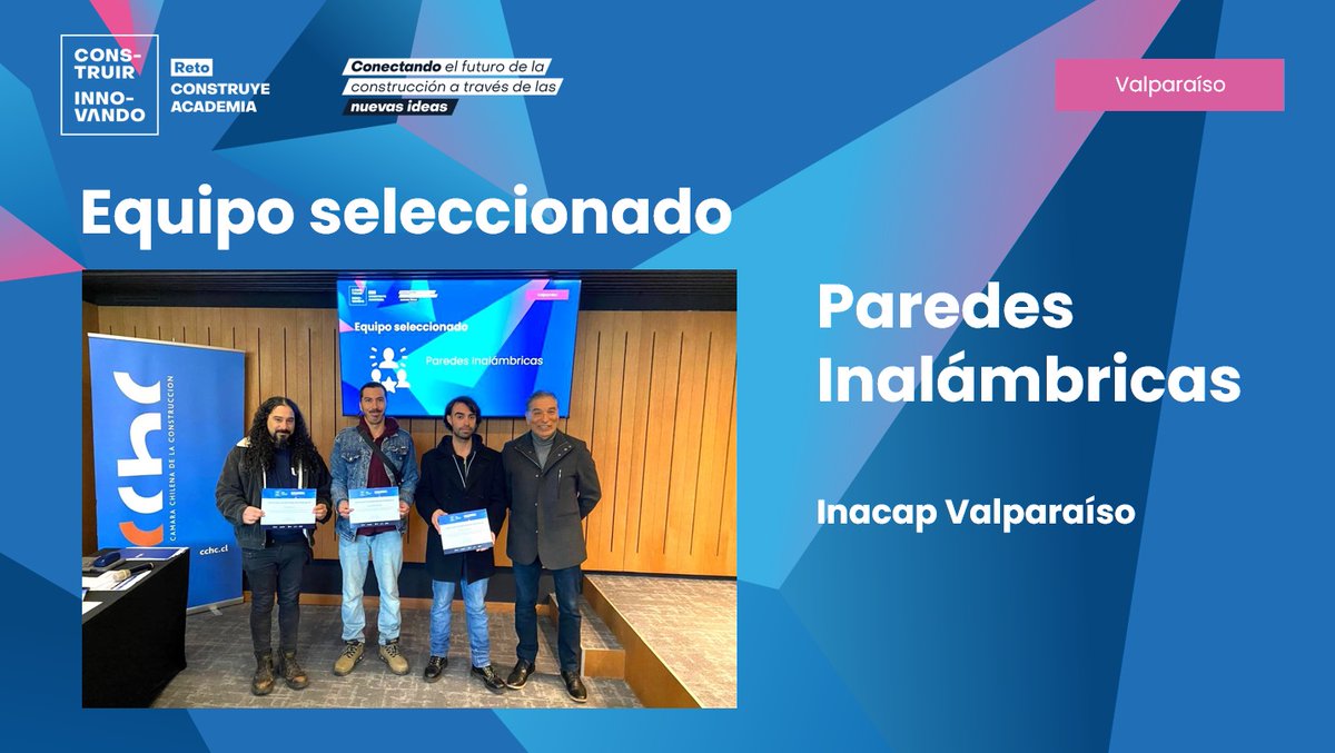CChC Valparaíso (@cchcvalparaiso) on Twitter photo Felicitamos al equipo de estudiantes de <a href="/INACAP_VALPO/">inacap_valpo</a> que resultaron ganadores y seleccionados en el pitch regional del #RetoConstruyeAcademia #CChC y que con su proyecto "Paredes Inaámbricas" representará a Región #Valparaíso en gran final nacional de este desafío de #Innovación Felicitamos al equipo de estudiantes de <a href="/INACAP_VALPO/">inacap_valpo</a> que resultaron ganadores y seleccionados en el pitch regional del #RetoConstruyeAcademia #CChC y que con su proyecto "Paredes Inaámbricas" representará a Región #Valparaíso en gran final nacional de este desafío de #Innovación