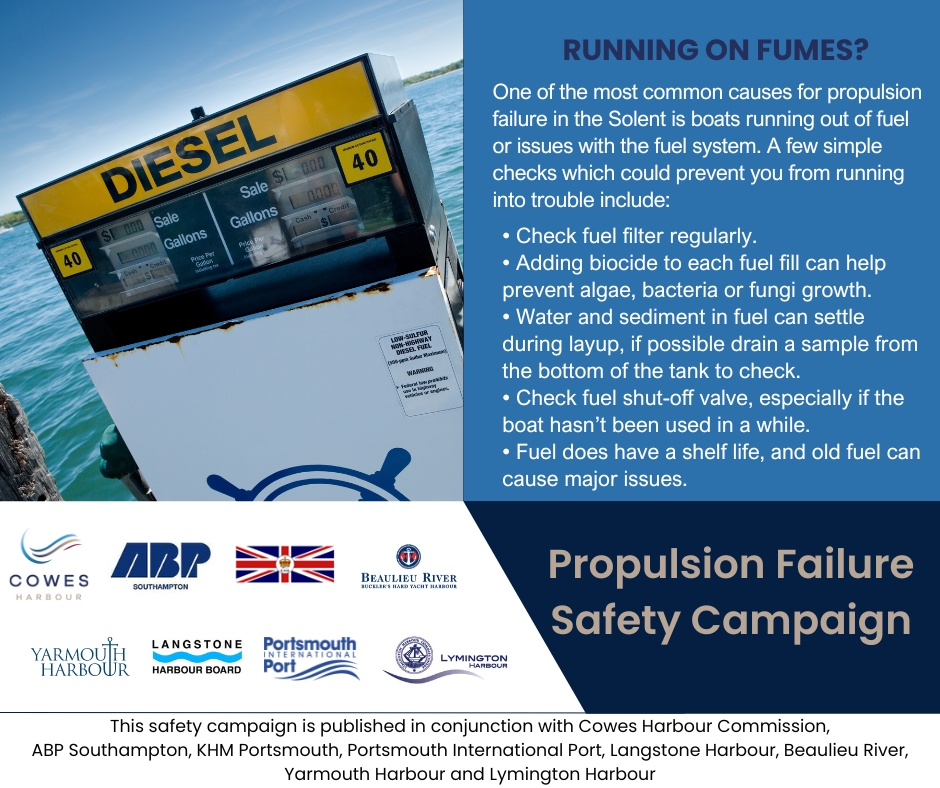 Propulsion Failure Safety Campaign continues!  
Now we're focusing on the importance of fuel, and ensuring systems are running smoothly. These tips will help  make sure you're not caught out!

We have waste oil facilities available for vessel owners registered with us.