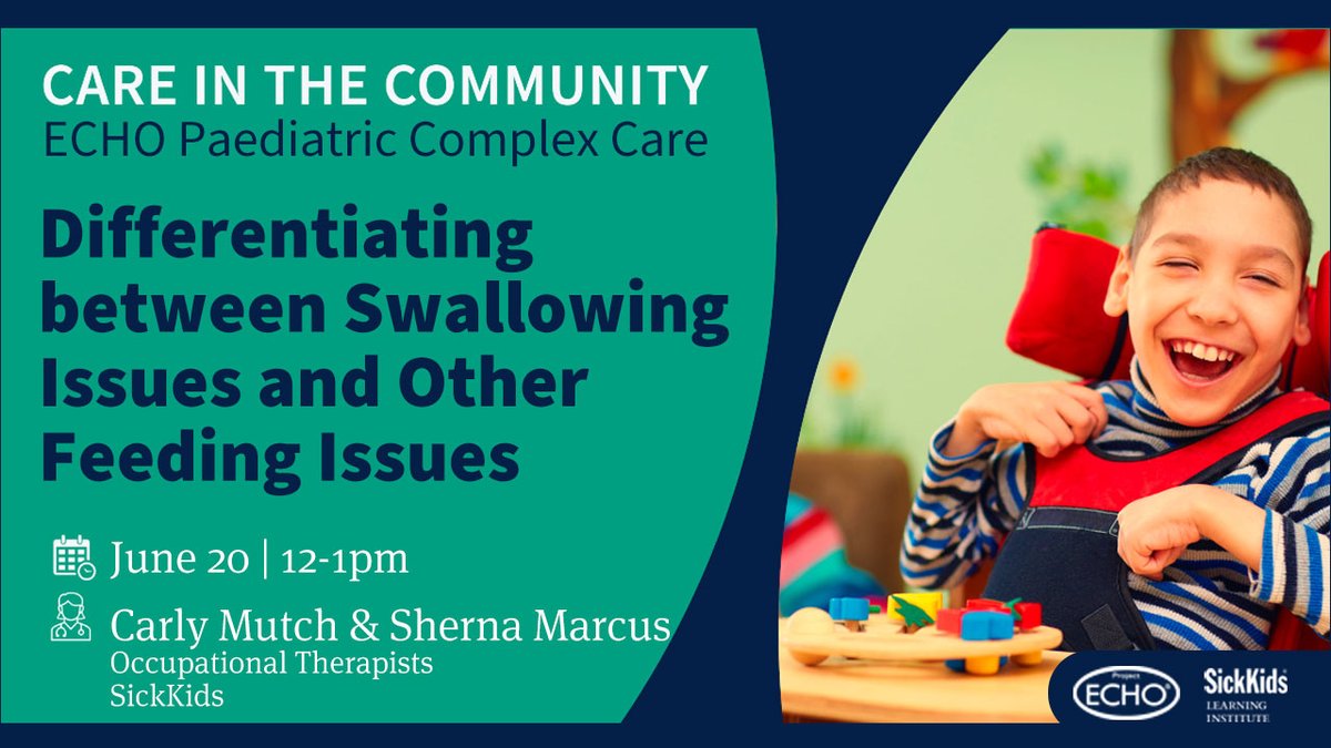 Paediatric Project ECHO (@echopaeds) on Twitter photo #PrimaryCare providers - join Carly Mutch & Sherna Marcus, occupational therapists <a href="/SickKidsNews/">The Hospital for Sick Children (SickKids)</a> our peds #ComplexCare, "Care in the Community" session:
"Differentiating between Swallowing Issues and Other Feeding Issues"
🗓️June 20 | 12-1pm
Register⤵️
sickkids.echoontario.ca/complex-care-z… #PrimaryCare providers - join Carly Mutch & Sherna Marcus, occupational therapists <a href="/SickKidsNews/">The Hospital for Sick Children (SickKids)</a> our peds #ComplexCare, "Care in the Community" session:
"Differentiating between Swallowing Issues and Other Feeding Issues"
🗓️June 20 | 12-1pm
Register⤵️
sickkids.echoontario.ca/complex-care-z…