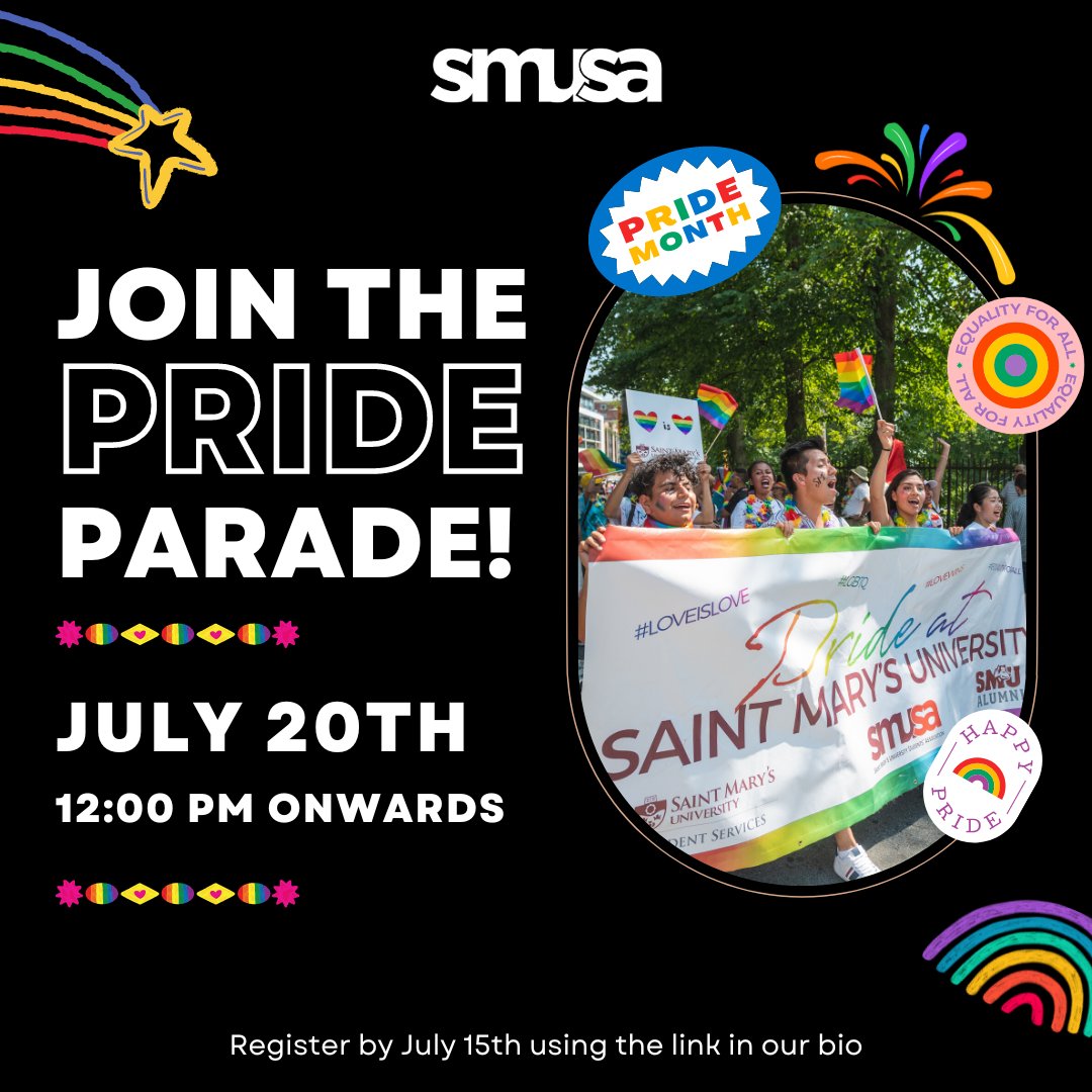 🌈 Come join SMUSA at the Halifax Pride Parade on July 20th at noon! Let's march together to make some noise for love, acceptance, and diversity! If you are interested in participating in the parade please fill out the Google Form by July 15th! forms.gle/wuefiuBjci854N…
