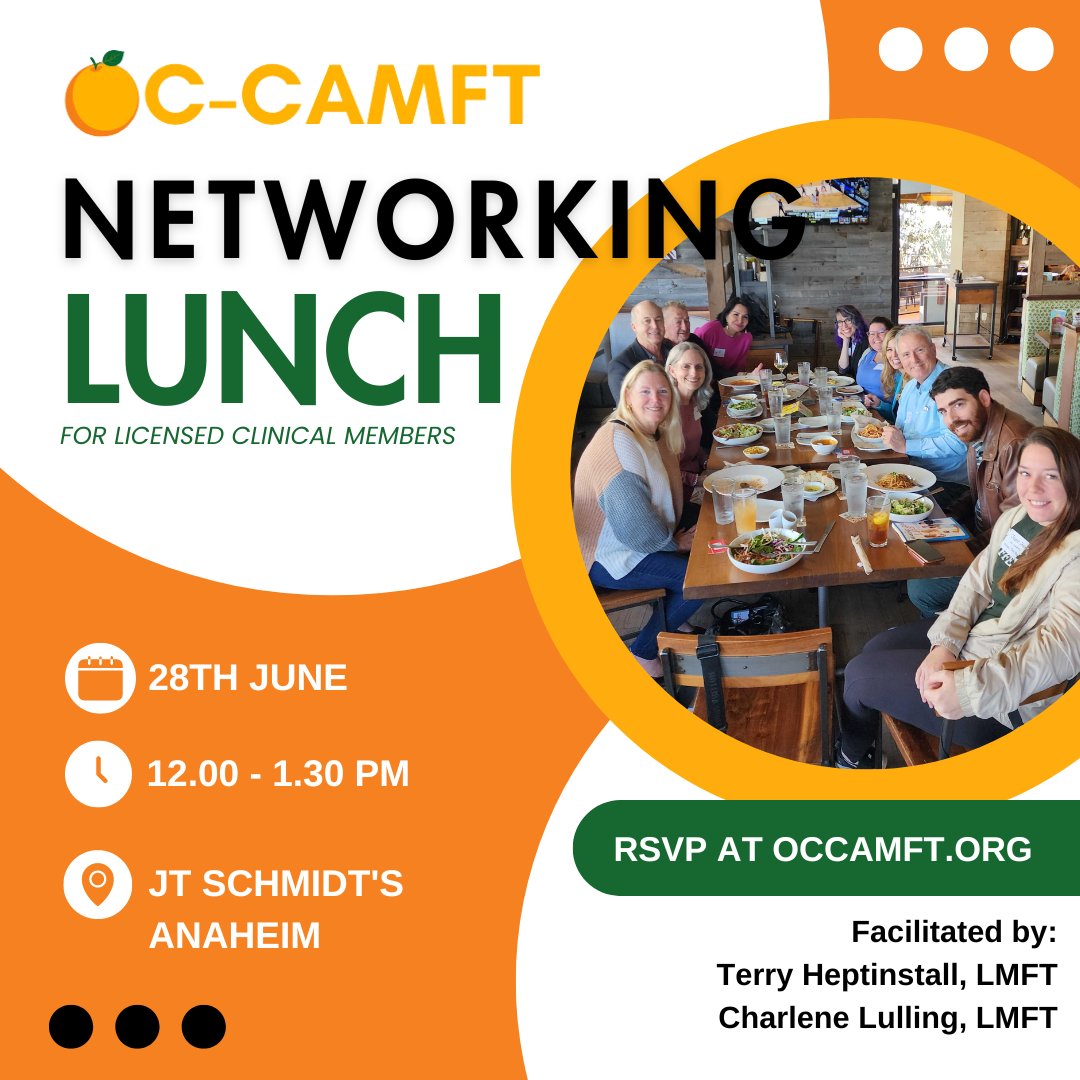 Calling all Licensed MFTs!
Attend an upcoming OC-CAMFT networking lunch, where licensed therapists come together for information sharing, and camaraderie.

Learn more: occamft.org/event-5731944