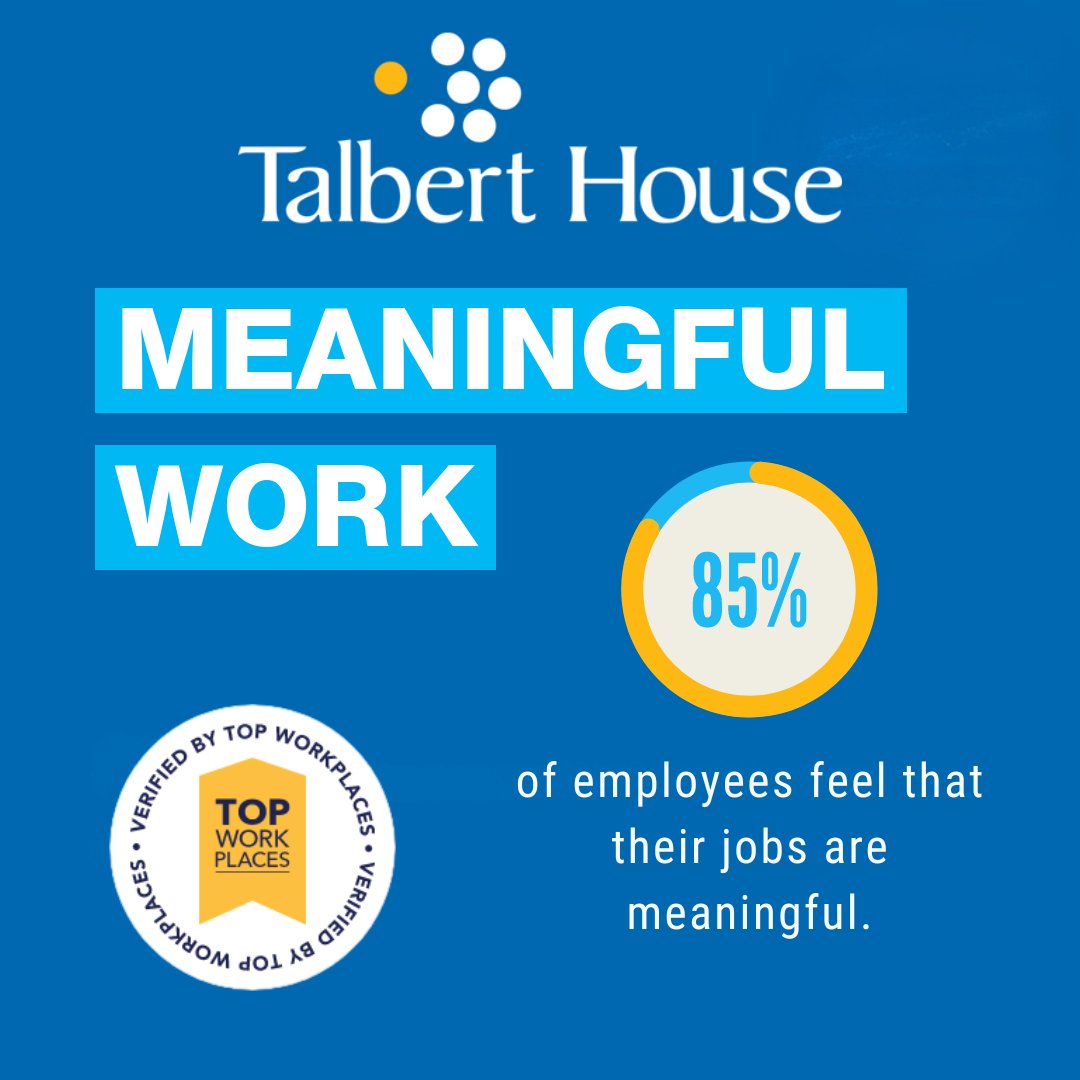 85% of Talbert House employees find their work profoundly meaningful, as one team member expresses: 'Everyday I look forward to making a real difference in someone's life!' ⁠
⁠
#talbertuesday #meaningfulwork #makingadifference #community
