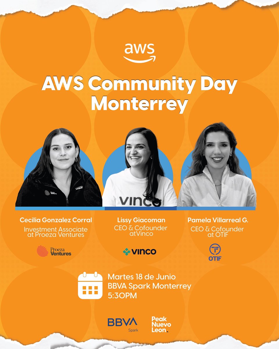 ¡Nos enorgullece la participación de nuestra CEO &amp; Cofounder Lissy Giacomán en AWS Community Sessions - MTY! <a href="/AWSstartups/">AWS Startups</a> <a href="/peaknlmx/">PeakNL</a>  🚀 ¡Ha llegado el evento clave para la comunidad tech y startup de Monterrey! #Startups #Vinco 
🔗Link de registro: lu.ma/o5pnsf5k