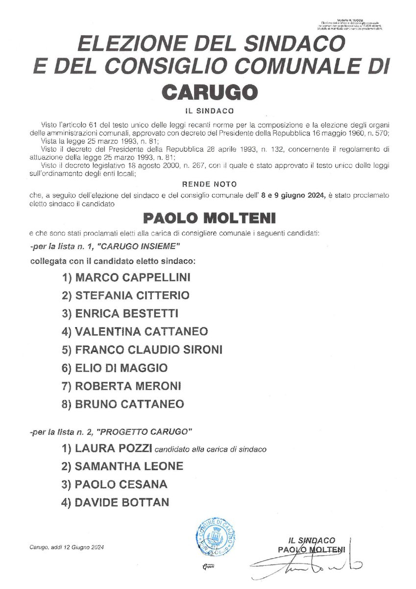 ComuneCarugo's tweet photo. ELEZIONI COMUNALI DEL 8 / 9 GIUGNO 2024

Il manifesto con i nominativi del Sindaco eletto e dei consiglieri comunali eletti.

#carugo https://t.co/JmQmzlga6U
