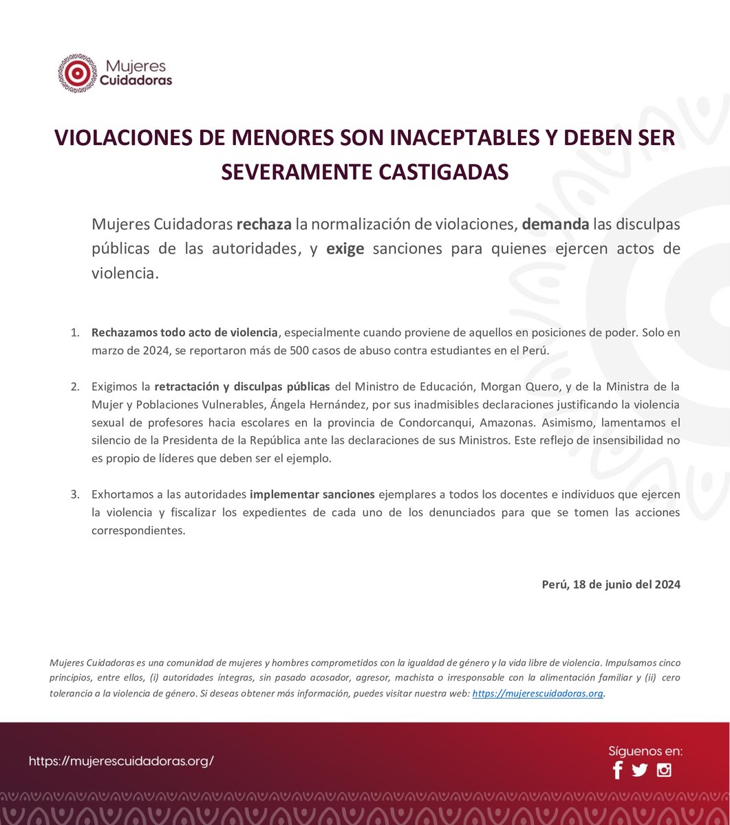 📢 La asociación Mujeres Cuidadoras comunica lo siguiente:

#NoMásViolencia #NoMásImpunidad #Awajún #Wampis #MujeresCuidadoras 
<a href="/MineduPeru/">Ministerio de Educación</a>  <a href="/MimpPeru/">Ministerio de la Mujer y Poblaciones Vulnerables</a>  <a href="/GobiernoPeru_/">Gobierno del Perú 🇵🇪</a>