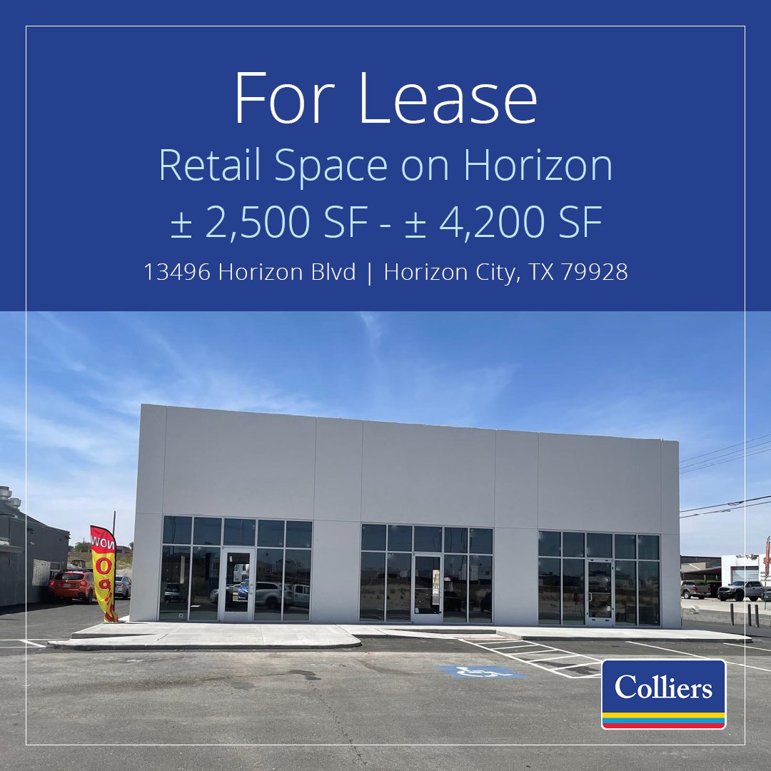 Colliers_NM's tweet image. For Lease:  ± 2,500 - ± 4,200 retail space available in shopping center with great visibility. Find out more: link.colliersnm.com/13496-Horizon-…

Contact:
Lalo Villeda (915) 330-1564 / lalo.villeda@colliers.com

#retailspace #shoppingcenter #openshell #forlease #eptx @‌Lalov693 @Colliers_NM