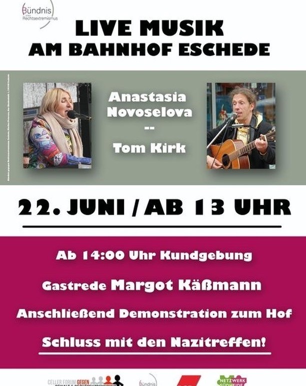 #SaveTheDate #Eschede 22.06.06 ab 13:00 Uhr

Motto: Schluss mit Nazitreffen

Livemusik
Um 14:00 Uhr Kundgebung mit Margot Käßmann
Anschließend Demo

Ort: Bahnhof Eschede

#WirSindDieBrandmauer #NieWiederIstJetzt #LautGegenRechts #SeiEinMensch #NoAfD