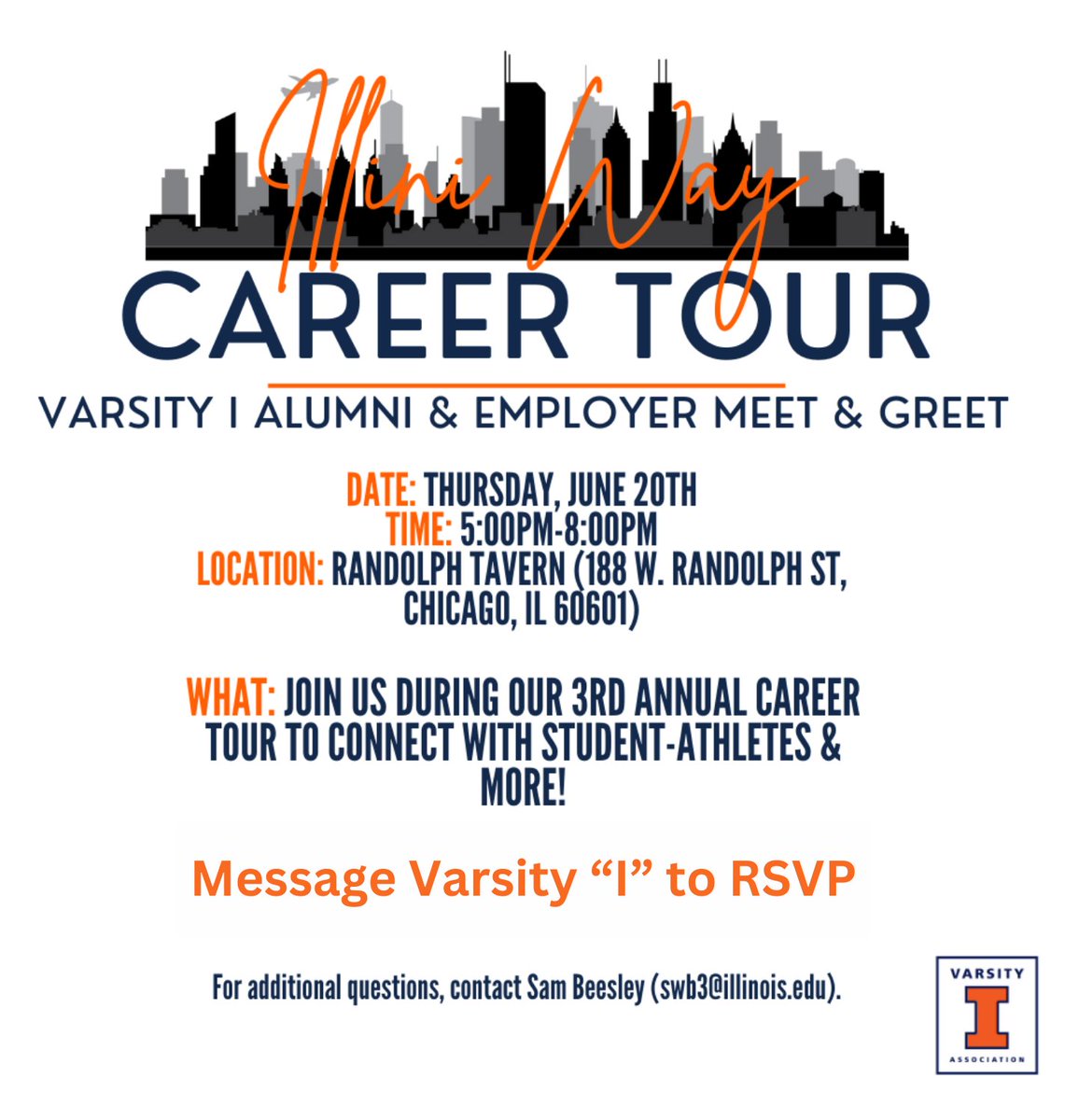 Varsity "I" (@varsityi) on Twitter photo Varsity "I" is Partnering with <a href="/TheIlliniWay/">Illini Way SADev & Irwin Academics</a> for the Third Annual Chicago Career Tour Meet & Greet! Join us in Chicago at the Randolph Tavern this Thursday. Varsity "I" is Partnering with <a href="/TheIlliniWay/">Illini Way SADev & Irwin Academics</a> for the Third Annual Chicago Career Tour Meet & Greet! Join us in Chicago at the Randolph Tavern this Thursday.