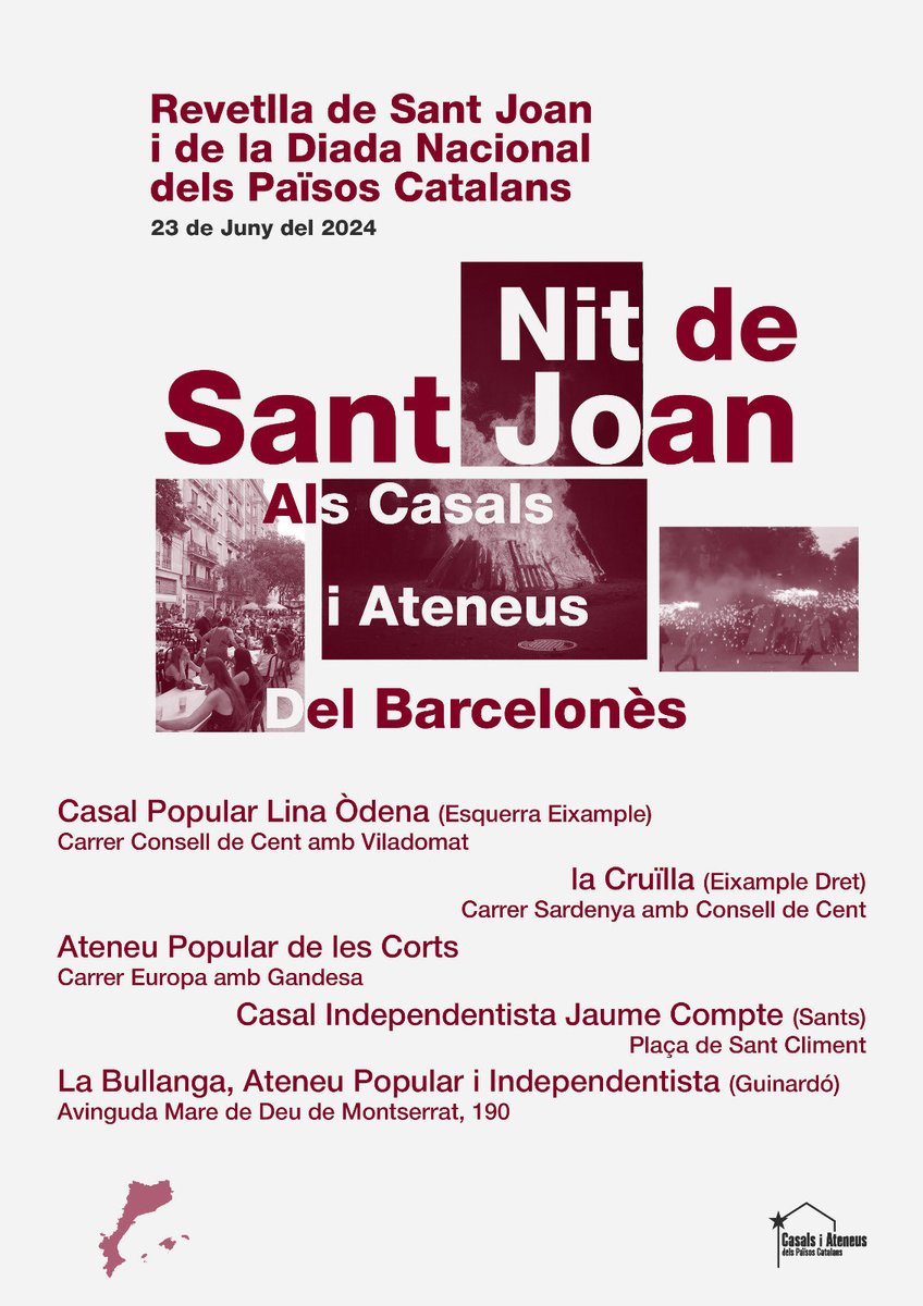 Diversos casals i ateneus de la Xarxa al barcelonès organitzen revetlles de Sant Joan! 🎇🔥

Visca la diada dels Països Catalans!

#SomPaïsosCatalans #24dejuny