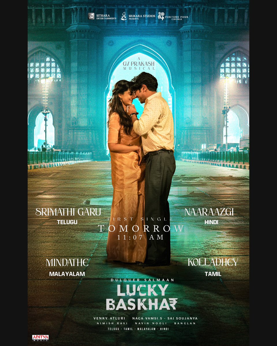 dulQuer's tweet photo. #LuckyBaskhar First Single 🫶 will be out TOMORROW at 11:07 AM 💞

#SrimathiGaru #Mindathe #Kolladhey #Naaraazgi 💗 

- https://t.co/X25z3KiVOR 

A @gvprakash Musical 🎹 

@dulQuer #VenkyAtluri @Meenakshiioffl @vamsi84 @NimishRavi @NavinNooli @Banglan16034849 #SaiSoujanya @SitharaEnts @Fortune4Cinemas #SrikaraStudios @adityamusic