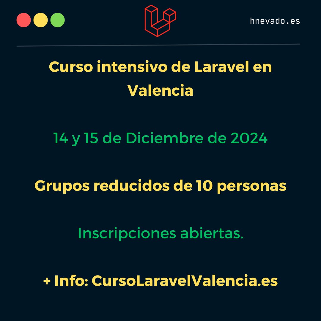 hnevadodev's tweet image. 😍 ¿Quieres aprender #Laravel? ¡En diciembre impartiré un curso intensivo de Laravel en Valencia!
📅 Fecha: 14 y 15 de Diciembre de 2024
👥 Grupos reducidos de 10 personas
📢 Inscripciones abiertas
🔗 CursoLaravelValencia.es
#cursoLaravel #cursoLaravelValencia #symfony