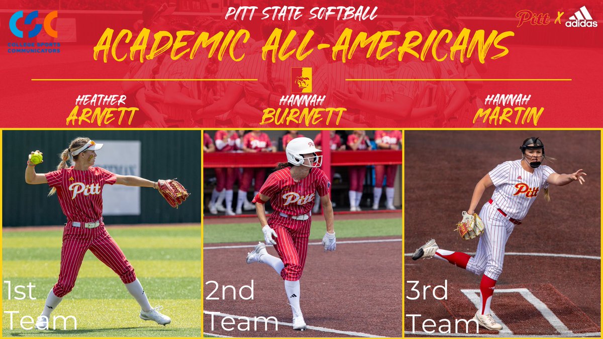 More accolades roll in for Pitt State Softball 🦍🥎

Heather Arnett, Hannah Burnett, and Hannah Martin each have earned Academic All-American honors 📚

#HoldtheRope | #OAGAAG